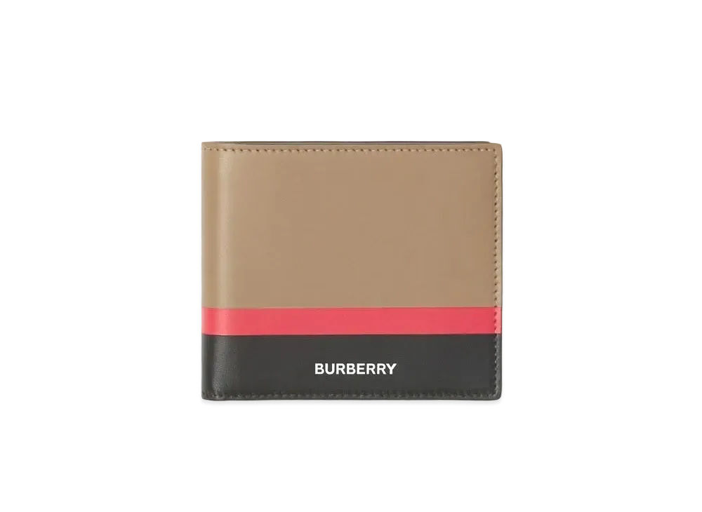 BURBERRY Striped Intercha Leather International By Fold Wallet "Driftwood/Black/Red"