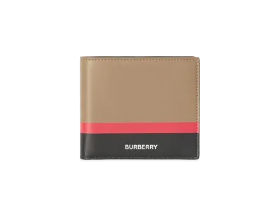 BURBERRY Striped Intercha Leather International By Fold Wallet "Driftwood/Black/Red"