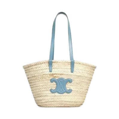 CELINE Medium Triomphe Celine Classic Panier In Palm Leaves And Calfskin "Denim"