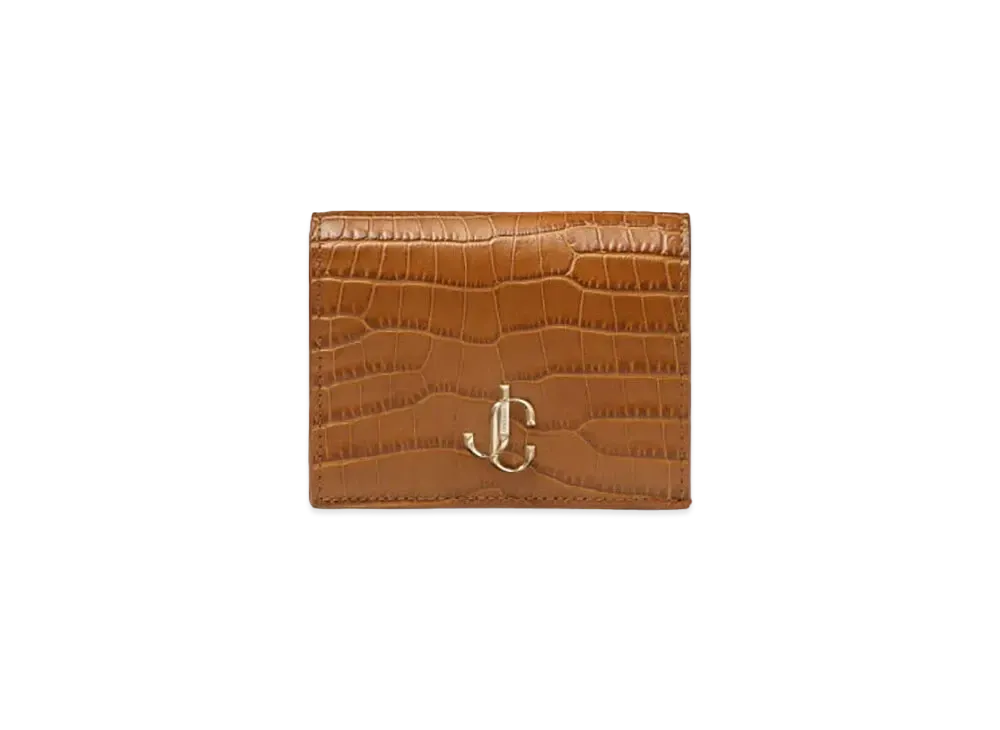 Jimmy Choo Hanne Croco Embossed Leather Wallet With JC Logo "Light Gold/Dark Tan"