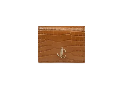 Jimmy Choo Hanne Croco Embossed Leather Wallet With JC Logo "Light Gold/Dark Tan"