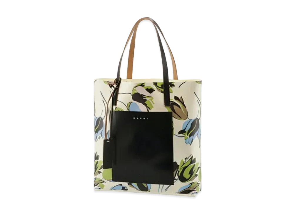 Marni Windblown Print PVC Shopping Bag with Calfskin Handles "White"