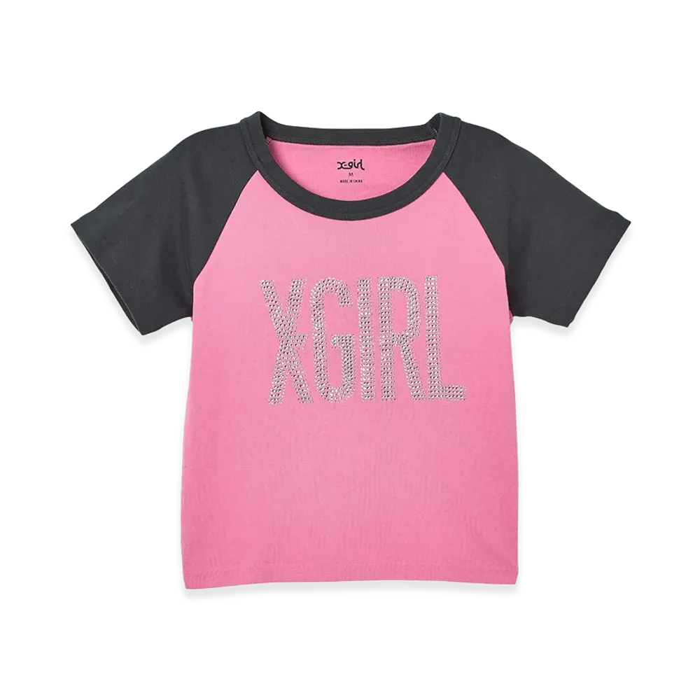 X-Girl Rhinestone Vertical Logo Raglan S/S Baby Tee "Pink"
