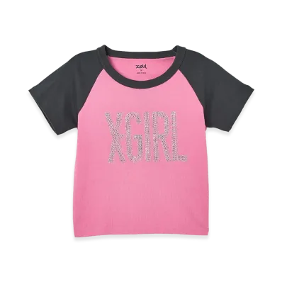 X-Girl Rhinestone Vertical Logo Raglan S/S Baby Tee "Pink"