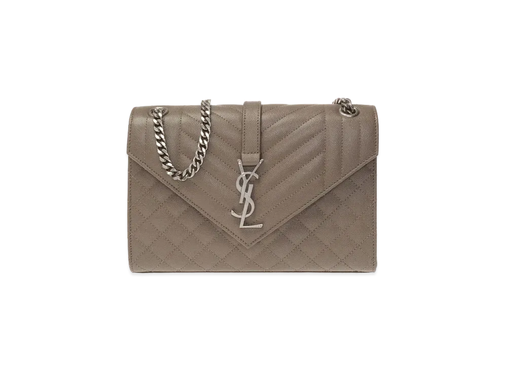 SAINT LAURENT Envelope Chain Wallet In Mix Matelasse Grain De Poudre Embossed Leather "Stone Gray"