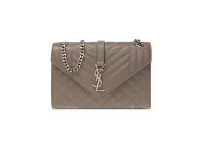 SAINT LAURENT Envelope Chain Wallet In Mix Matelasse Grain De Poudre Embossed Leather "Stone Gray"