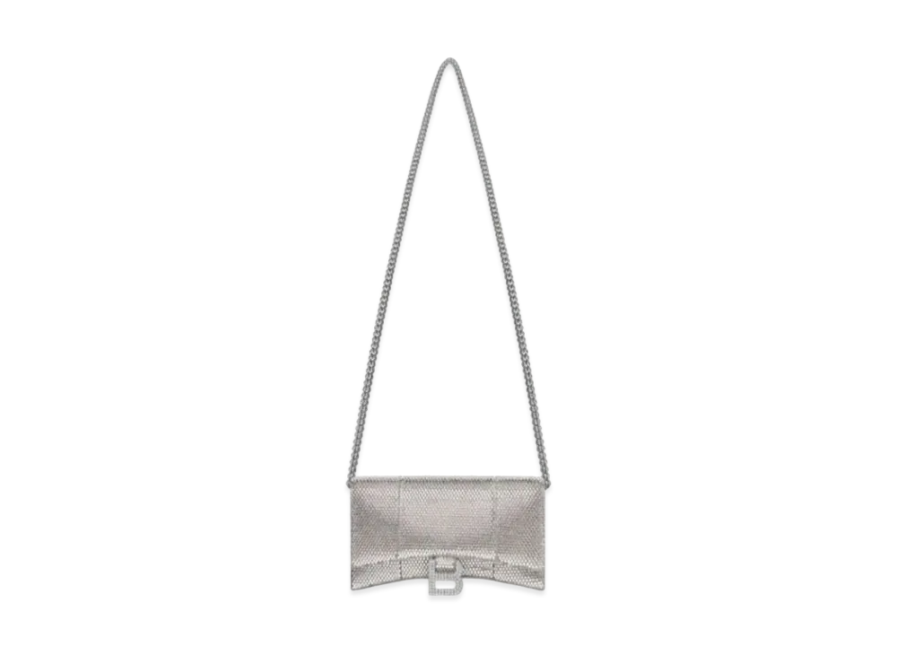 BALENCIAGA Hourglass Wallet With Chain In Suede Calfskin With Rhinestones "Gray"