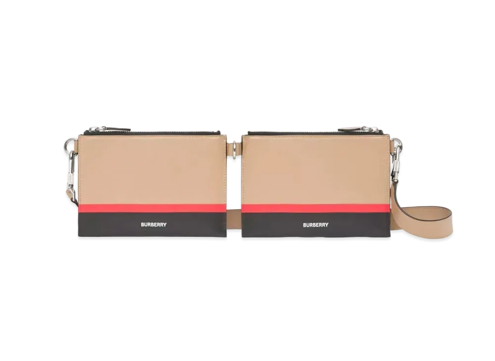 BURBERRY Striped Print Link Pouch Cross Body Bag "Driftwood/Black/Red"