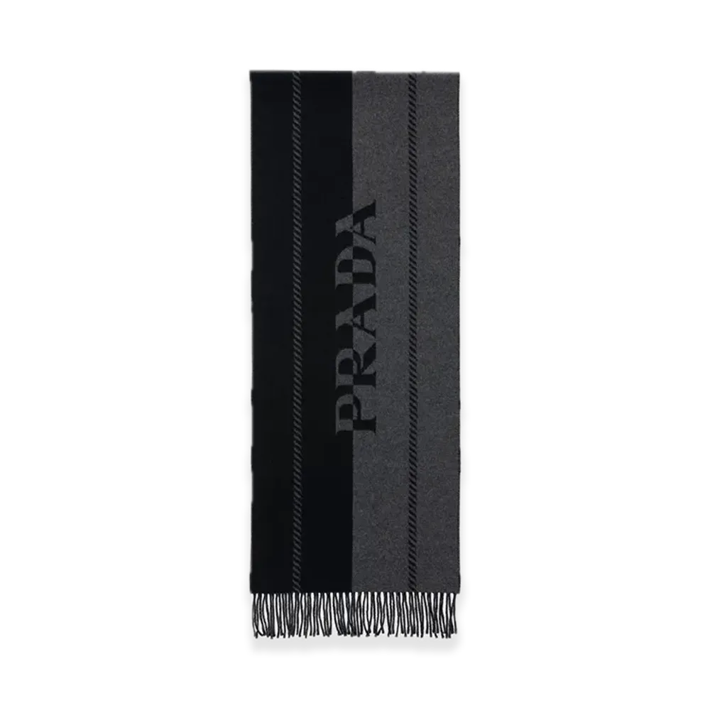 PRADA Small Wool Scarf with Jacquard Logo "Gray/Black"