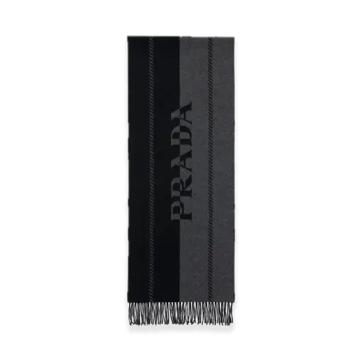 PRADA Small Wool Scarf with Jacquard Logo "Gray/Black"