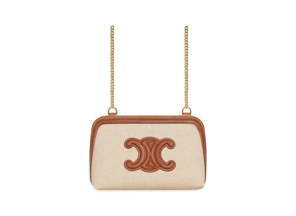 CELINE Clutch On Chain Cuir Triomphe in Textile and Calfskin "Natural/Tan"