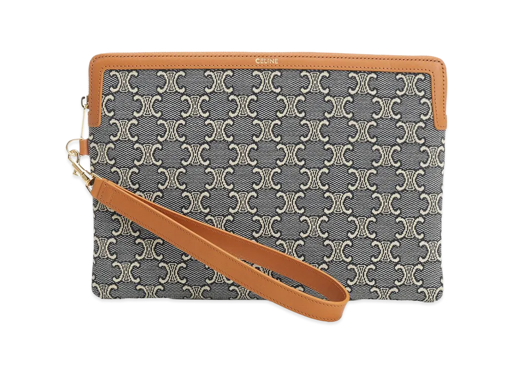 CELINE Women's Small Pouch With Strap Jacquard Triomphe All Over "Blue"