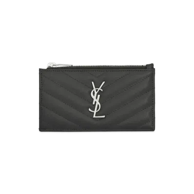 SAINT LAURENT Monogram Fragments Zipped Card Case In Grain De Poudre Embossed Leather "Black"