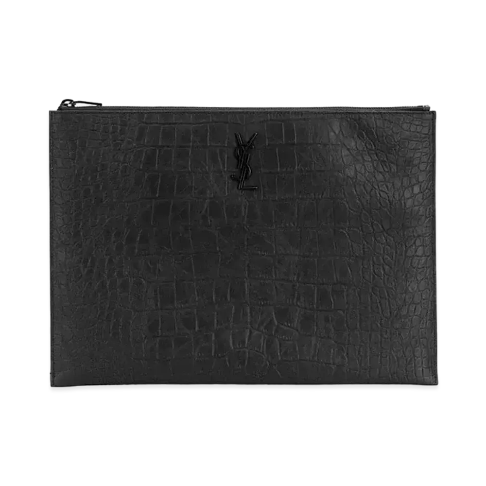 Saint Laurent Monogram Document Holder In Crocodile Embossed Leather "Black"