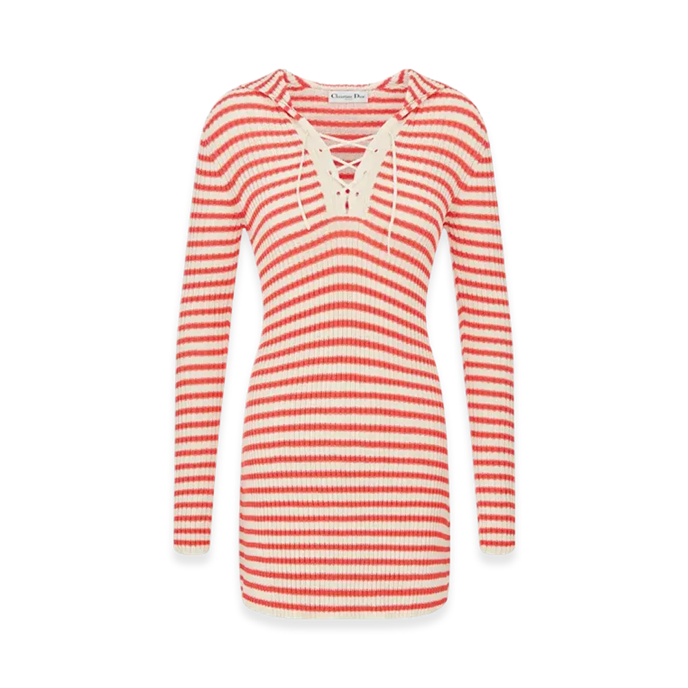 Dior Women's Cotton Ribbed Knit with Mariniere Motif Dioriviera Straight Dress "White/Coral"