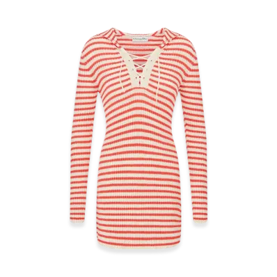Dior Women's Cotton Ribbed Knit with Mariniere Motif Dioriviera Straight Dress "White/Coral"