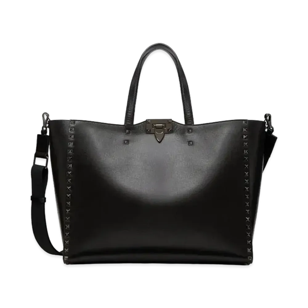 Valentino Rock Studs Alcove Grain Calfskin Tote "Black"