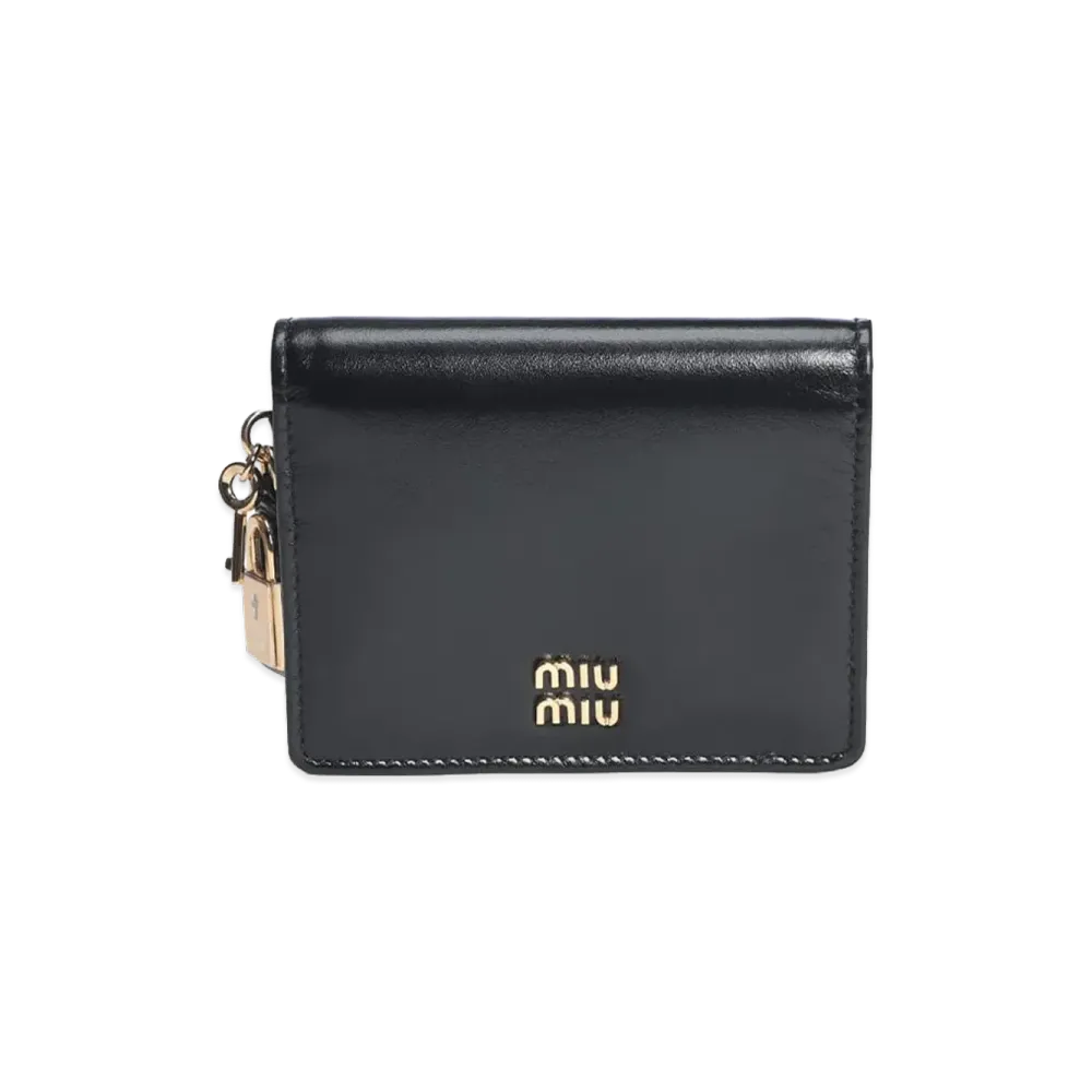 MIU MIU Women's Wallet Logo Leather Lock Charm Bifold Wallet Mini Wallet "Black"