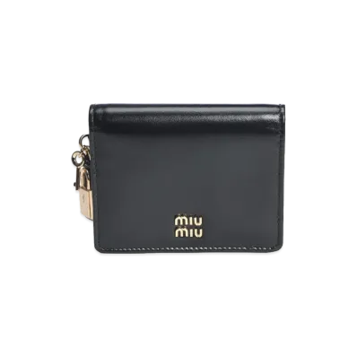 MIU MIU Women's Wallet Logo Leather Lock Charm Bifold Wallet Mini Wallet "Black"