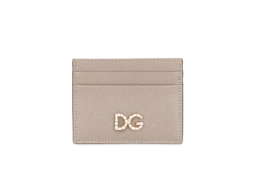 Dolce&Gabbana Credit Card Holder Dauphine Calfskin DG Rhinestone "Beige"