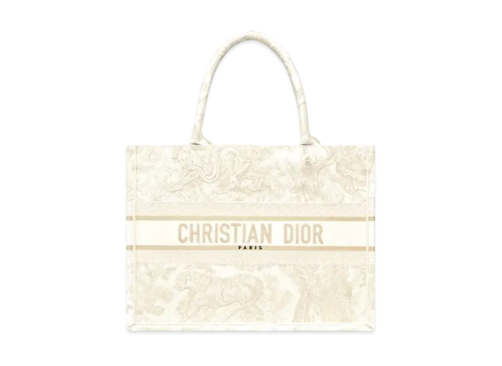 Dior Small Dior Book Tote Gold-Tone Toile de Jouy Embroidery "Natural"