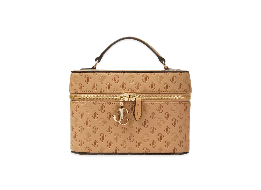 JIMMY CHOO VANITY CASE W/CHAIN JC Monogram Pattern Vanity Case With Light Gold JC Logo "Caramel"