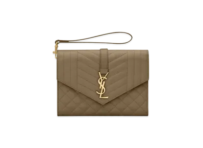 SAINT LAURENT Monogram Clutch In Mix Matelasse Grain De Poudre Embossed Leather "Khaki"