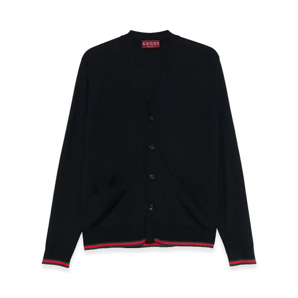 GUCCI Knitted Wool Cardigan with Web Pattern "Blue/Red"