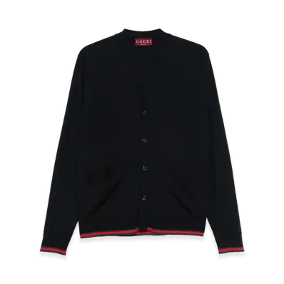 GUCCI Knitted Wool Cardigan with Web Pattern "Blue/Red"