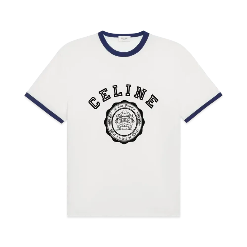 CELINE Men's Blason Loose T-Shirt in Cotton Jersey "Offwhite/Ocean/Black"