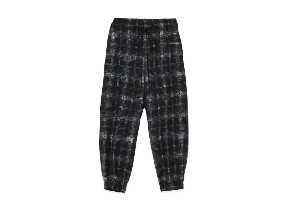 Yohji Yamamoto Y's CARDED WOOL CHECK UNEVEN PRINT WAIST HEM BAND PANTS "Black"