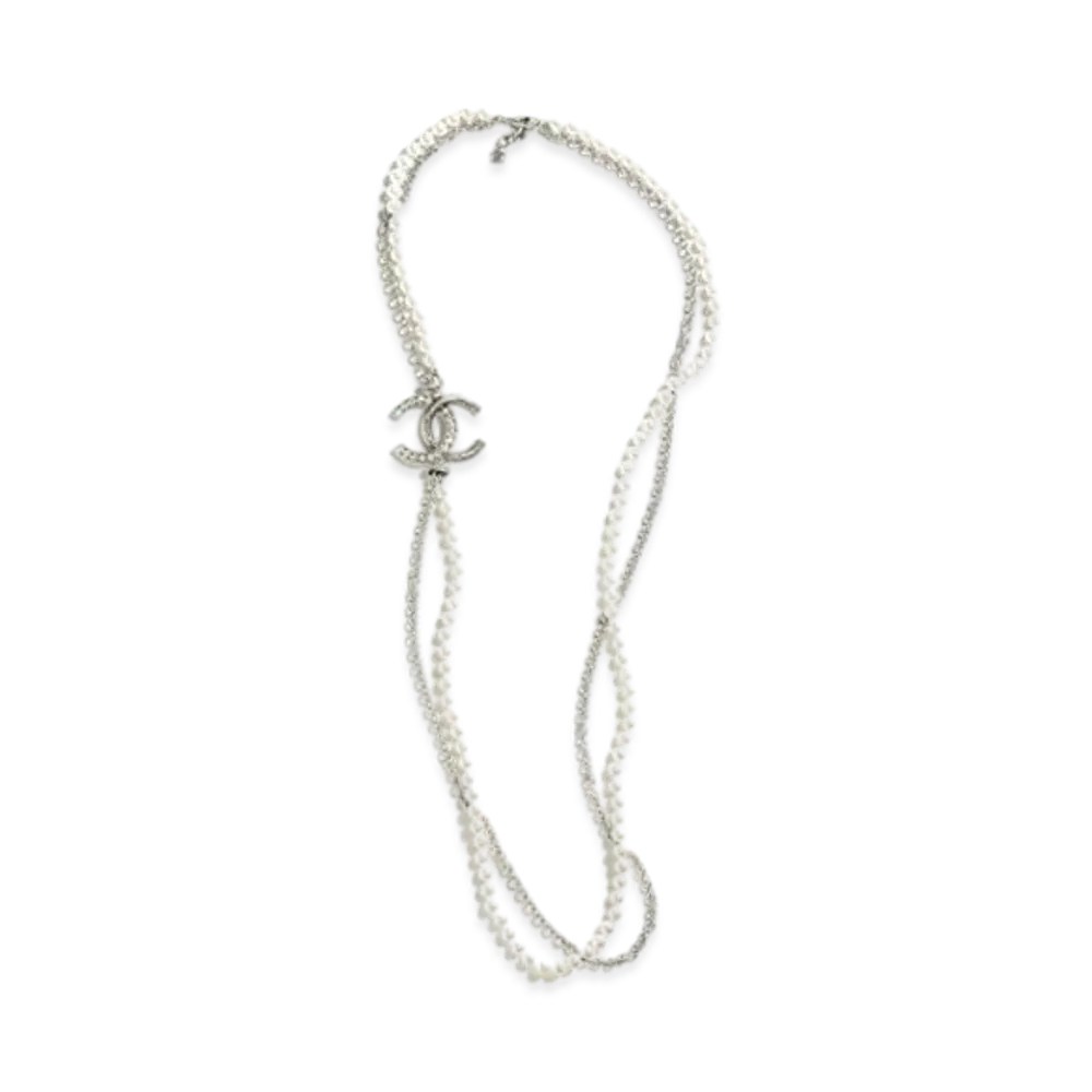 CHANEL Long Necklace Metal, Glass Pearls & Strass "Silver/Pearly White/Crystal"
