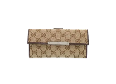 GUCCI W Hook Bifold Long Wallet GG Canvas "Brown"