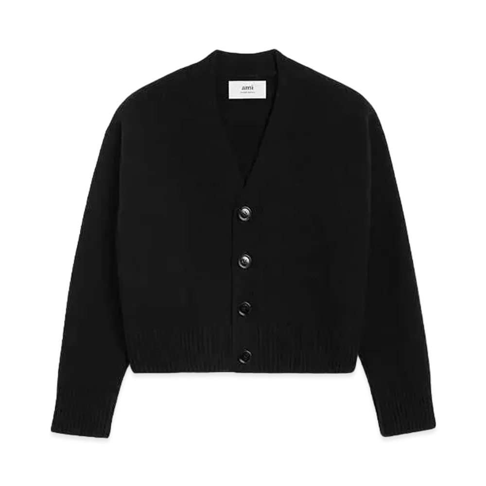 AMI PARIS Wool & Cashmere Blend Cropped Cardigan "Black"