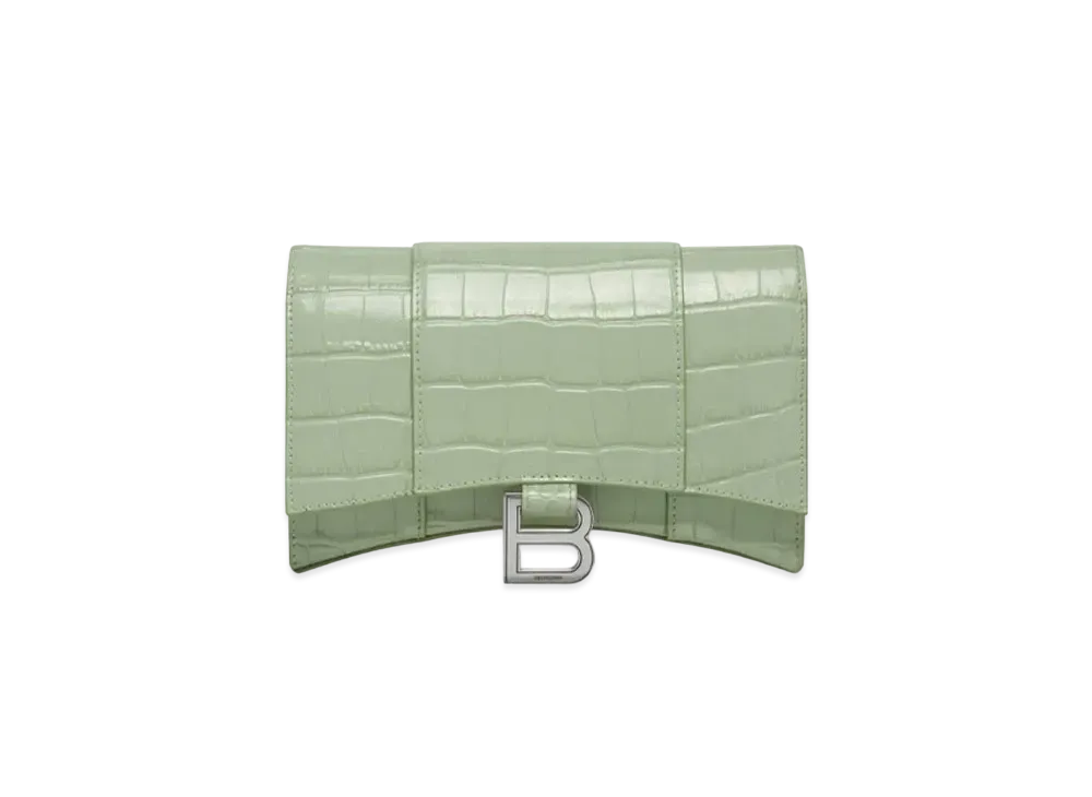BALENCIAGA Hourglass Wallet With Chain In Shiny Crocodile Embossed Calfskin "Light Green"