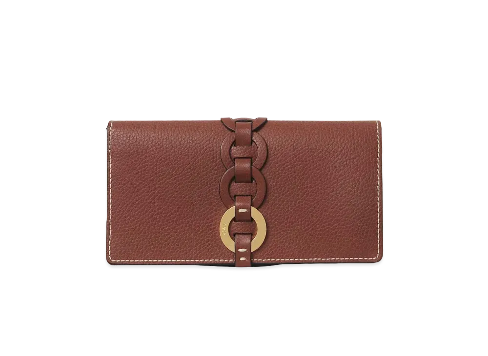 Chloe Darryl Long Wallet With Flap In Grained & Shiny Calfskin "Sepia Brown"
