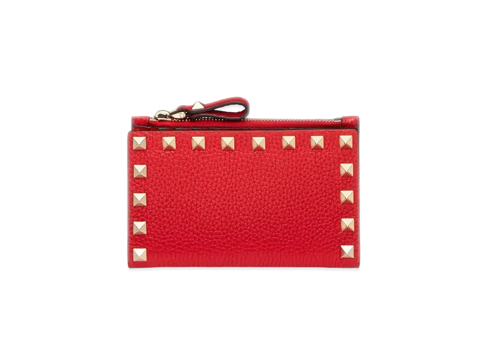 Valentino Mini Rockstud Grainy Calfskin Zipped Cardholder "Pure Red"