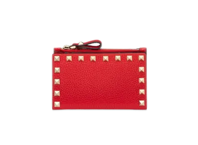 Valentino Mini Rockstud Grainy Calfskin Zipped Cardholder "Pure Red"