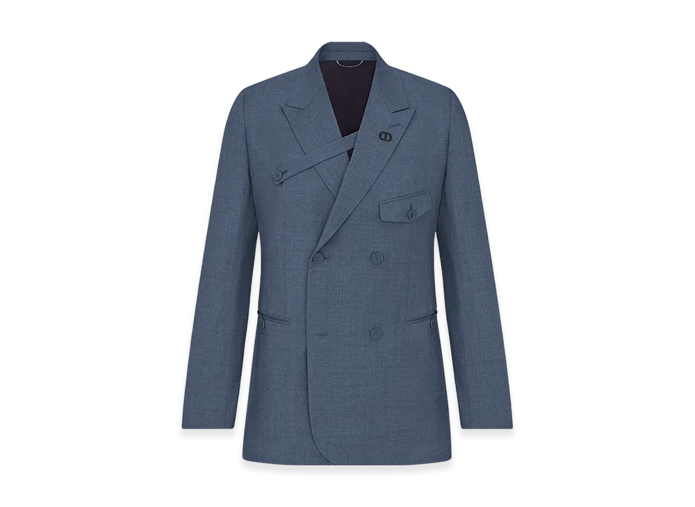 Dior Double-Breasted Jacket with Button Placket Textured Super 100s Wool "Blue Gray"