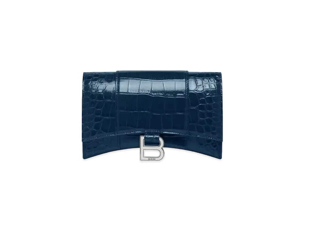 BALENCIAGA Hourglass Wallet With Chain In Shiny Crocodile Embossed Calfskin "Dark Blue"