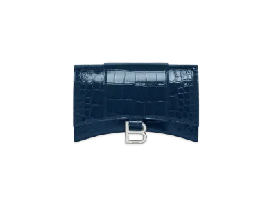 BALENCIAGA Hourglass Wallet With Chain In Shiny Crocodile Embossed Calfskin "Dark Blue"