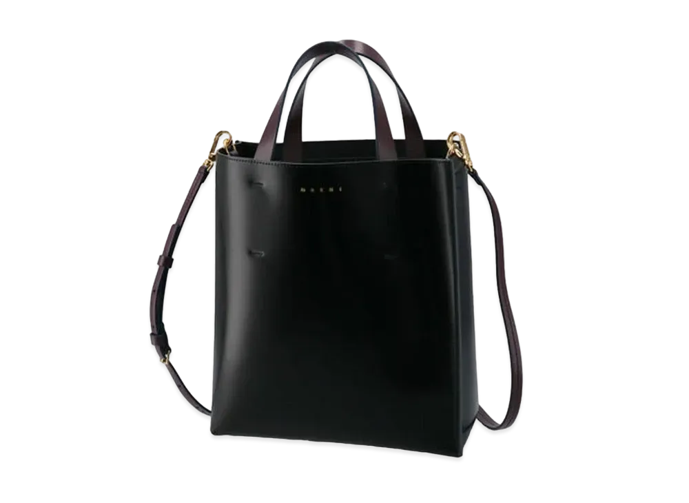 Marni MUSEO Shopping Bag In Shiny Smooth Calfskin "Black/Burgundy"