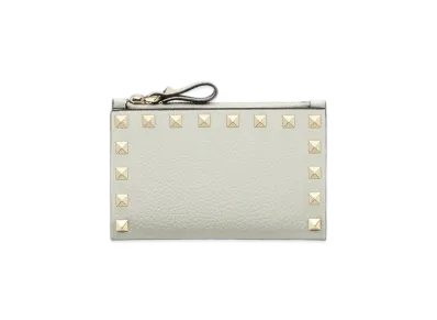 Valentino Mini Rockstud Grainy Calfskin Zipped Cardholder "Opal Grey"