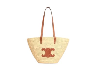 CELINE Medium Supple Celine Classic Panier in Raffia and Calfskin "Tan"