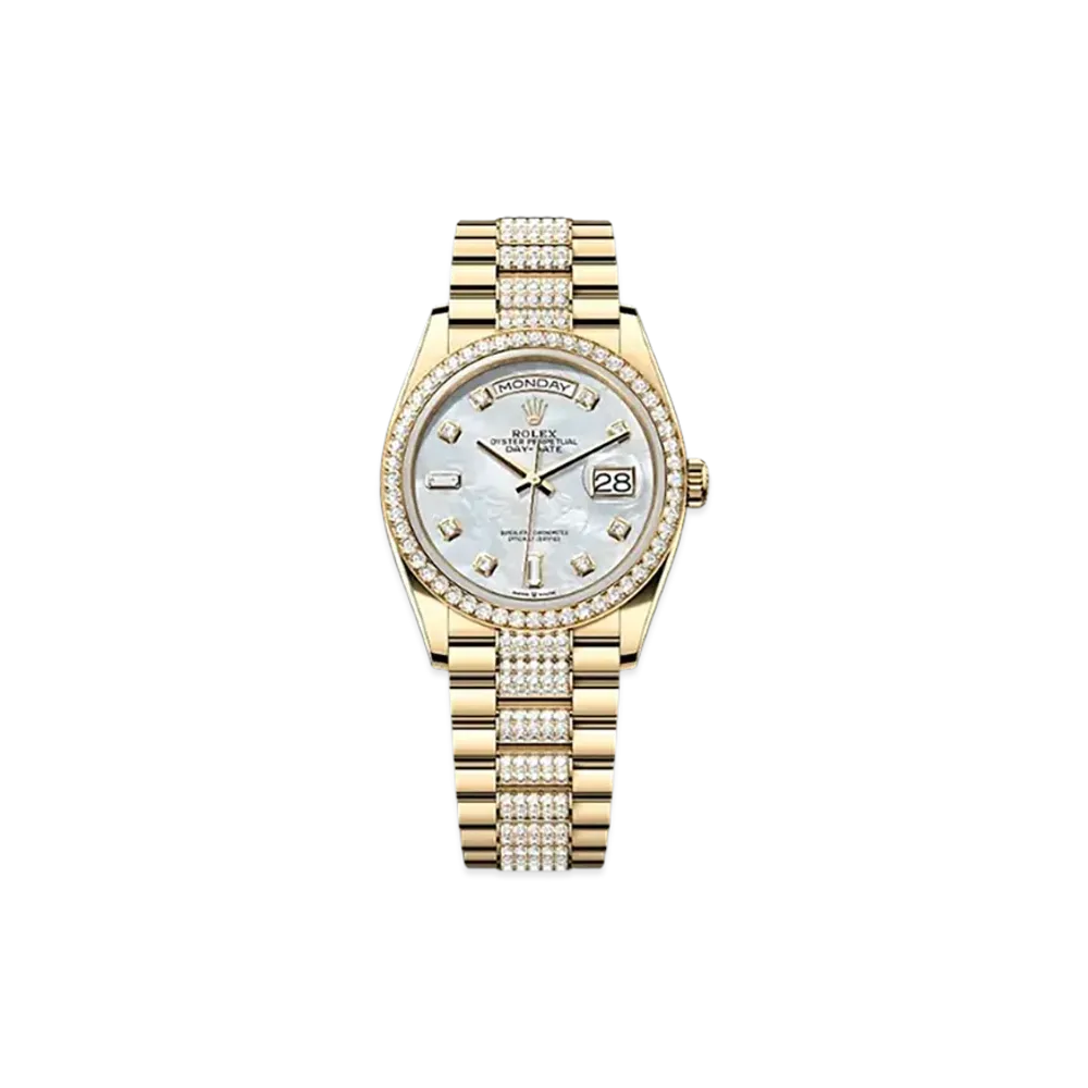 ROLEX Day-Date 36mm Yellow Gold Diamond 128348RBR "White Mother-of-Pearl"