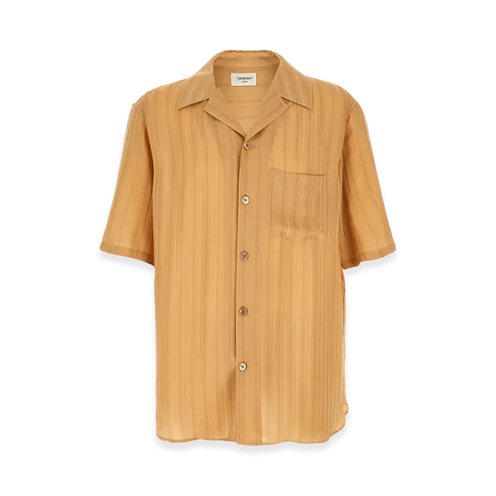 Saint Laurent Striped Silk Short Sleeve Shirt "Beige"