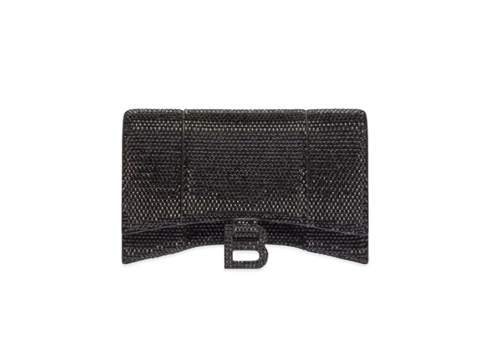 BALENCIAGA Hourglass Wallet With Chain In Suede Calfskin With Rhinestones "Black"