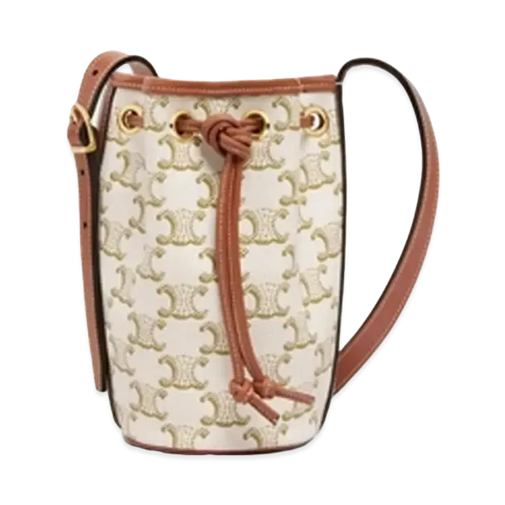 CELINE Micro Drawstring in Triomphe Canvas and Calfskin "White/Tan"