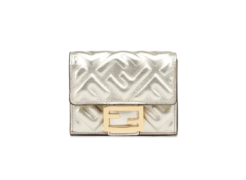 FENDI Micro Three-Fold Wallet Metallic Leather Wallet "Silver"