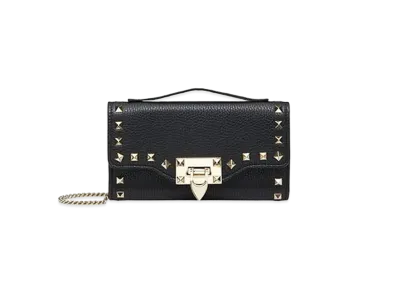 Valentino Rockstud Grainy Calfskin Wallet With Chain Strap "Black"